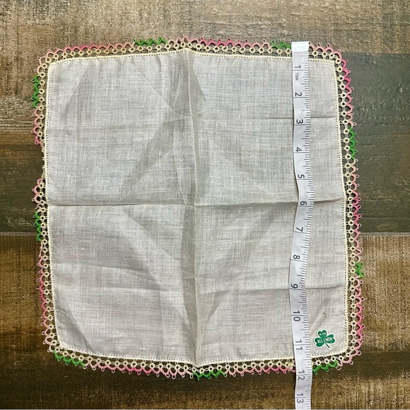 Vintage Linen Handkerchief w/ Pink & Green Lace Trim – 15” - Picture 5 of 6